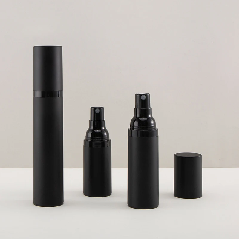 Factory wholesale custom 15ml 30ml 50ml plastic PP empty matte black airless spray bottle with lid