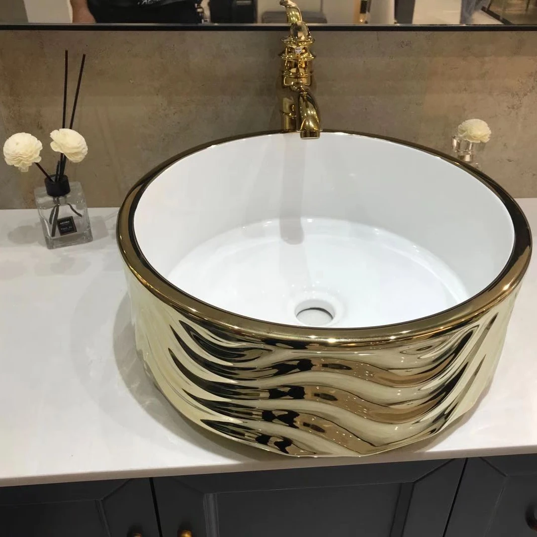 Selora High Quality Plating Copper Gold Color Countertop Oval Ceramic Washbasin Bathroom Sink Luxury Hand Wash Art Basin