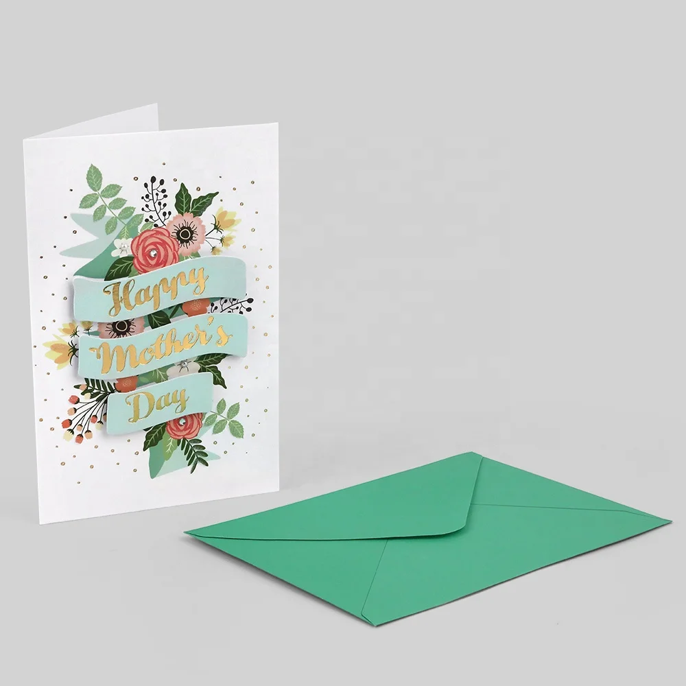 Manufacturer Custom Printing Fold Paper Luxury Gold Foil Gems Flower Handmade Mothers Day Greeting Cards with Envolpe