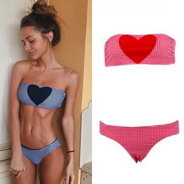 women sexy heart blue red plaid thong swimsuit swimwear large size bikini beach bath suit