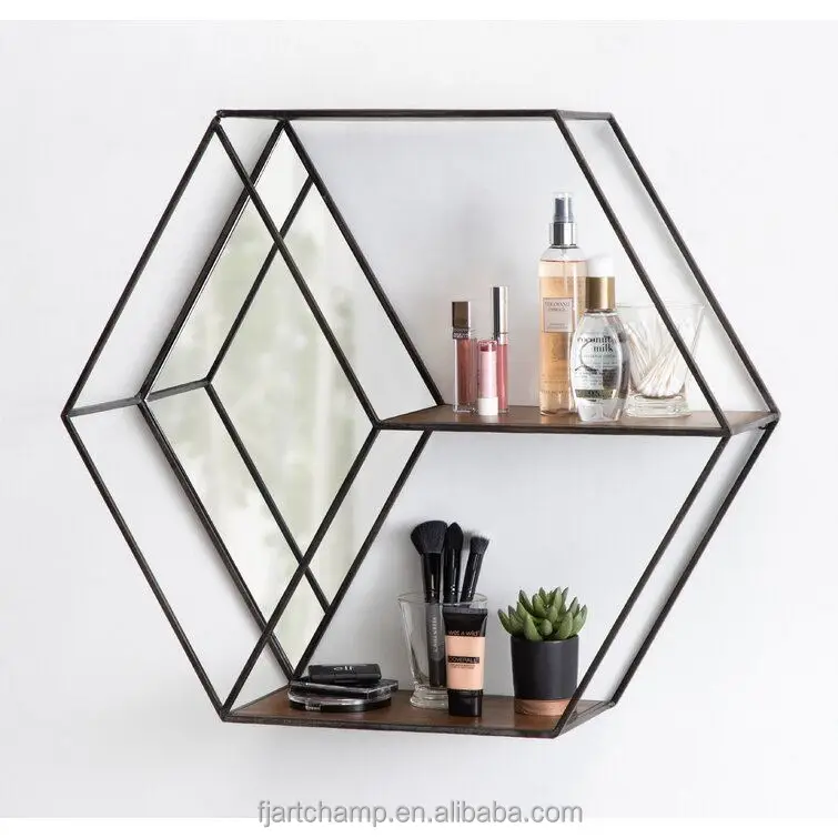 Hexagon Metal Frame Home Decor Wall Mounted Floating Mirror Shelf for Living Room Storage