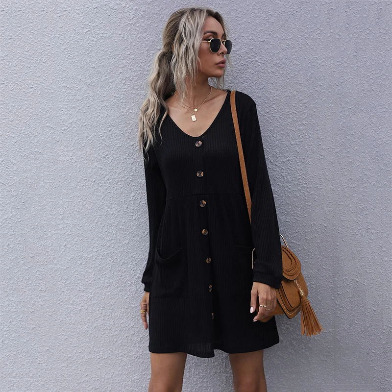 New Arrival Women Sexy Sweaters Long Sleeve V Neck Button Sweater Dress Ladies Fall Winter