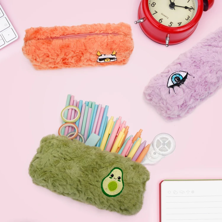 2022 Wholesale Customizable Large Storage Pouch Fluffy Plush Avocado School Pencil Case for Kids