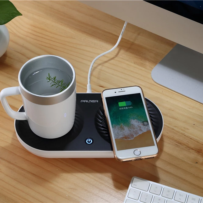 Smart coffee mug heating cooling for desk with wireless phone charging