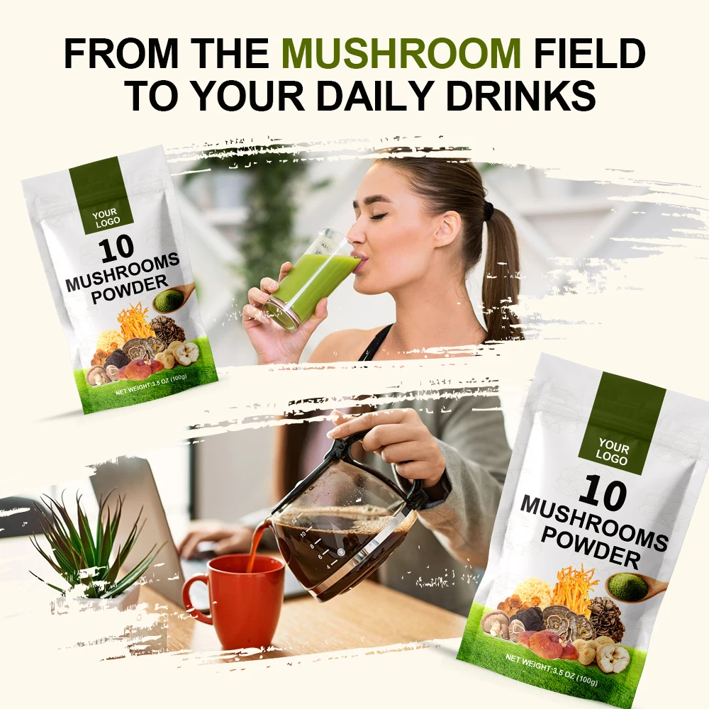 YOUR OWN LOGO Pure 10 in 1 Mushroom Blend Powder Wholesale Chaga Reishi Cordyceps Lions Mane 10 Type Mushroom Blend Extract