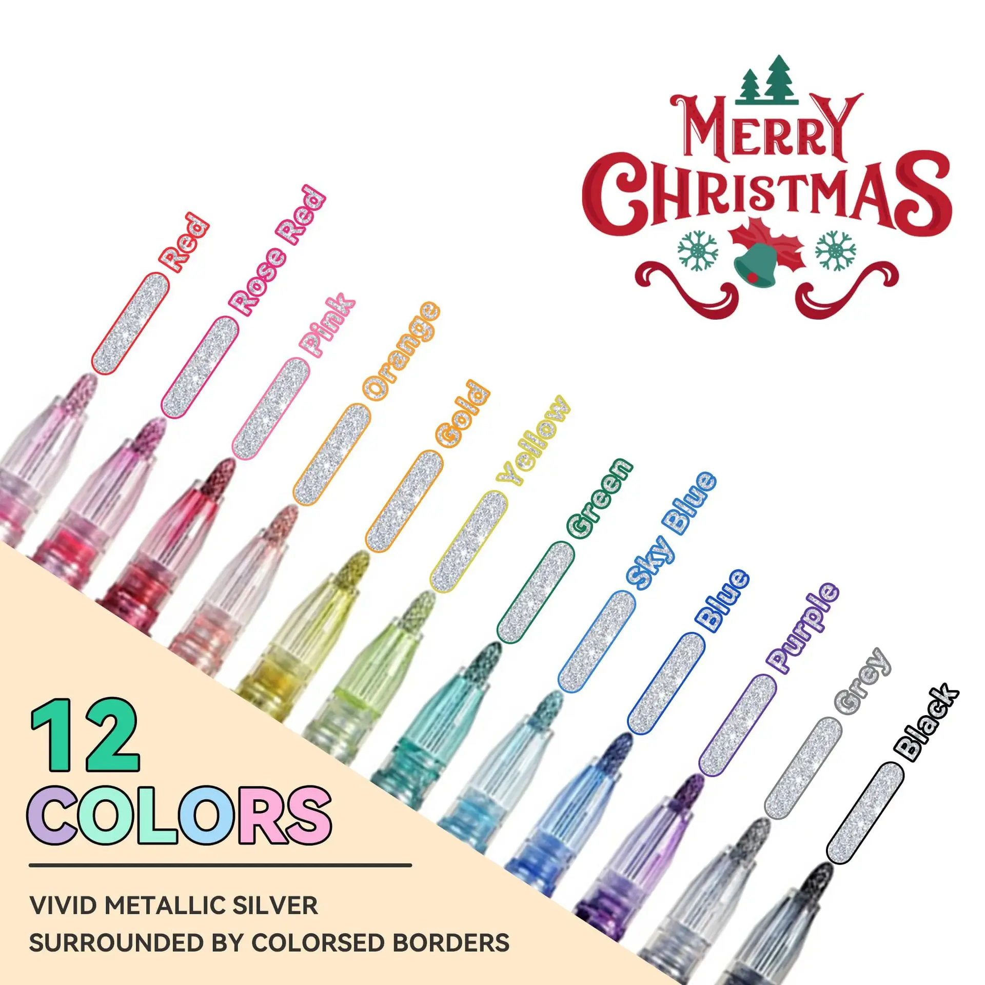 Bview Art Metallic Color Double Line Outline Marker Set 12 color outline metal marker Flashing Glitter pen