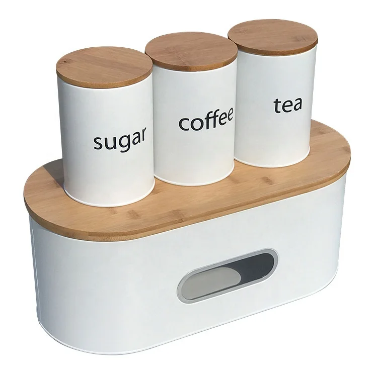 Factory Supply Metal Bread Box Wooden Lid Kitchen Storage Canister Set for Coffee Tea Sugar Storage
