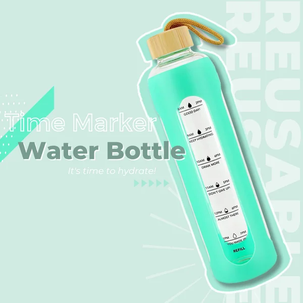 1000ML/32 OZ glass water bottle with silicone sleeve bamboo lid time marker