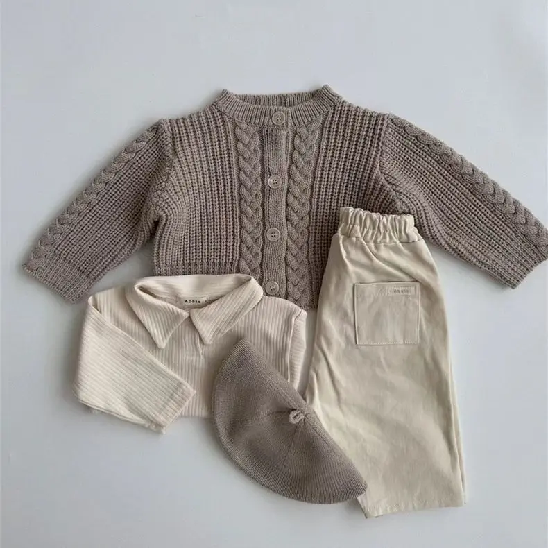 Korean Spring and Autumn Solid Color Knitted Cardigan Fashion Trend Versatile Long Sleeve Casual Coat Pattern for Boys and Girls