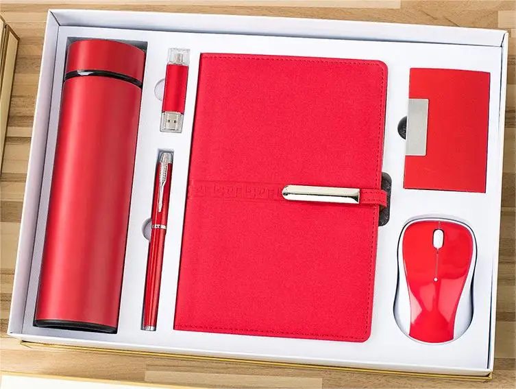 A5 Notebook+Sign Pen+Vacuum Flask+USB Flash Drive+Name Card Holder +Mouse Office Stationery Gift Set