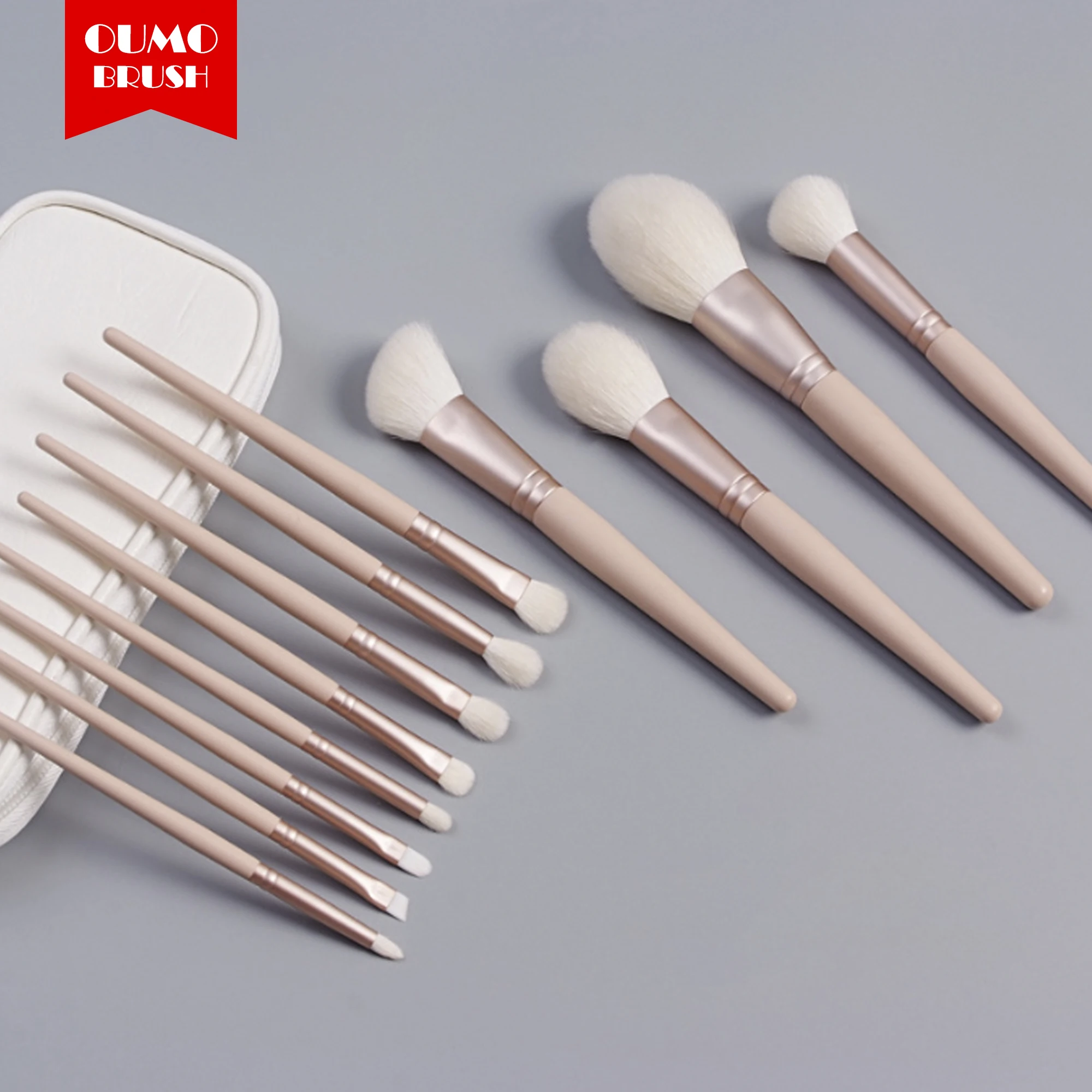 OUMO- high quality 12pcs pink soft beauty  goat hair / vegan makeup brush set blender with private label bag case