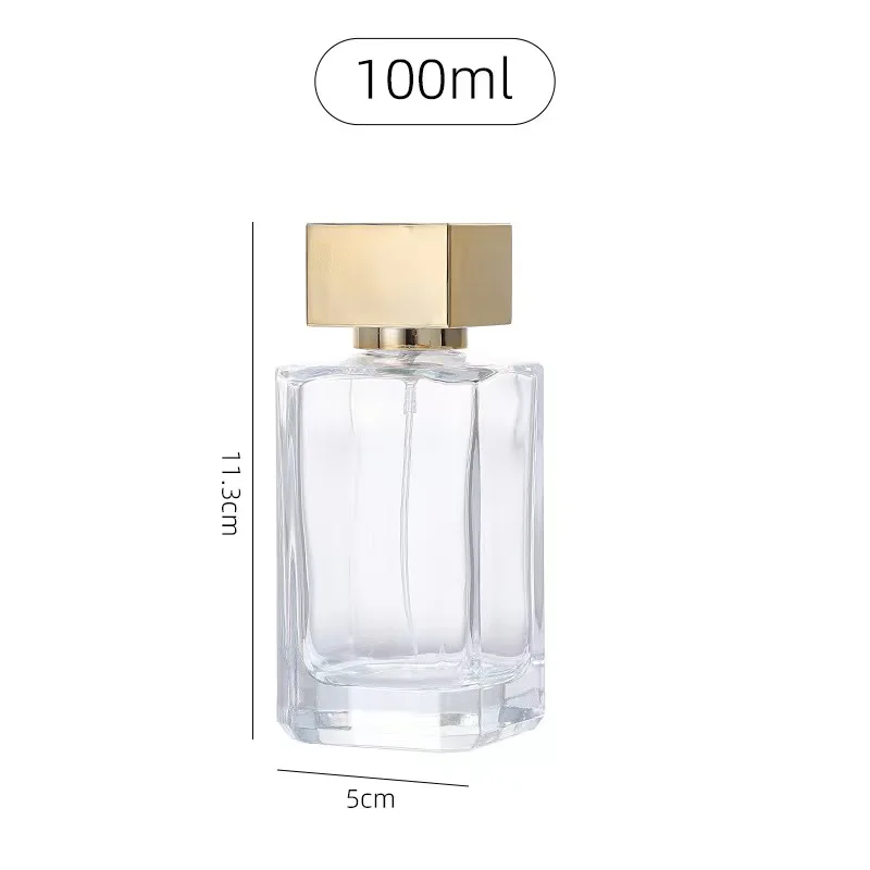 Wholesale 50ml 100ml empty transparent glass spray perfume bottle with gold silver cap