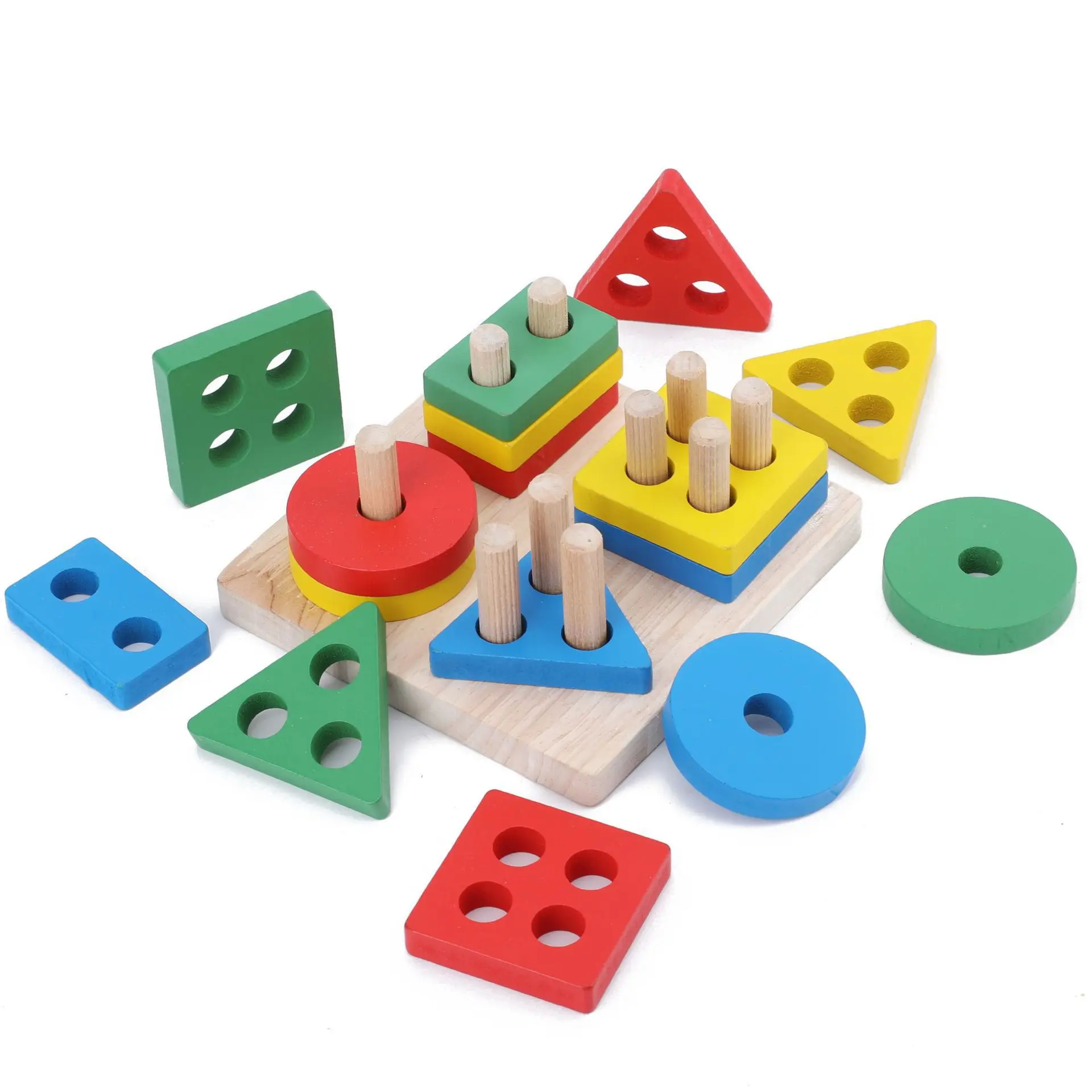 Colorful Wooden Puzzles Board Geometric Shape Stacker Education Toys Kids DIY Wooden Blocks Column Toy Gift