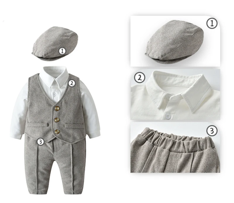 Wholesale Newborn Infant Boy Gentleman Outfits Suits Long Sleeve Romper Shirts+Pants+Vest+Hat 4PCS Clothes Set