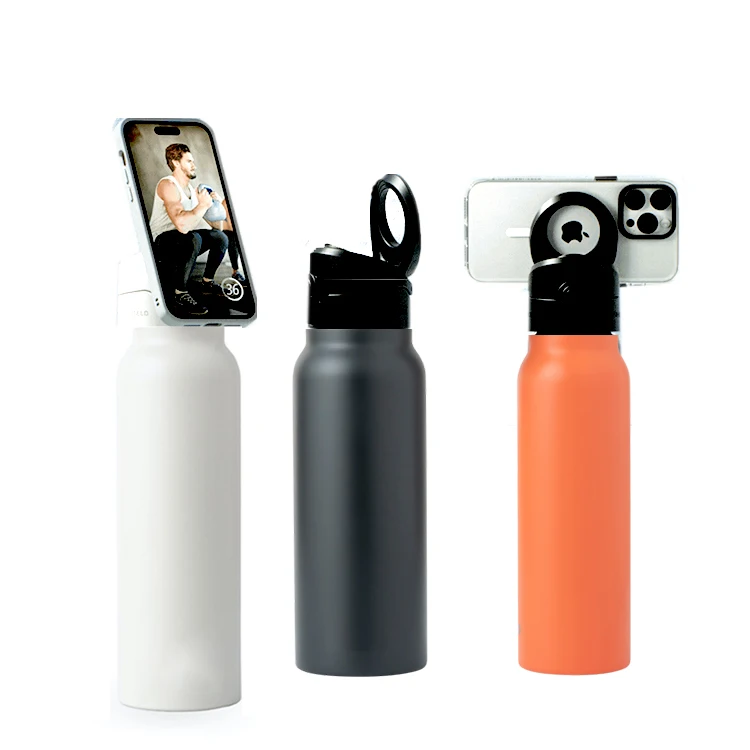 2023 new products 600ml Gym water bottle with magnetic phone holder stainless steel water bottle with magnetic cell phone holder