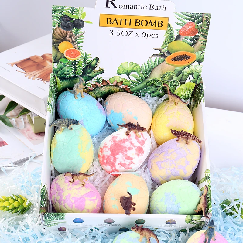 OEM  Dinosaur Egg Shape Bath Bombs With Toys Set 9x3.5Oz With Citric Acid Sea Salt Fruit Oil Sucrose Glycerin Trehalose