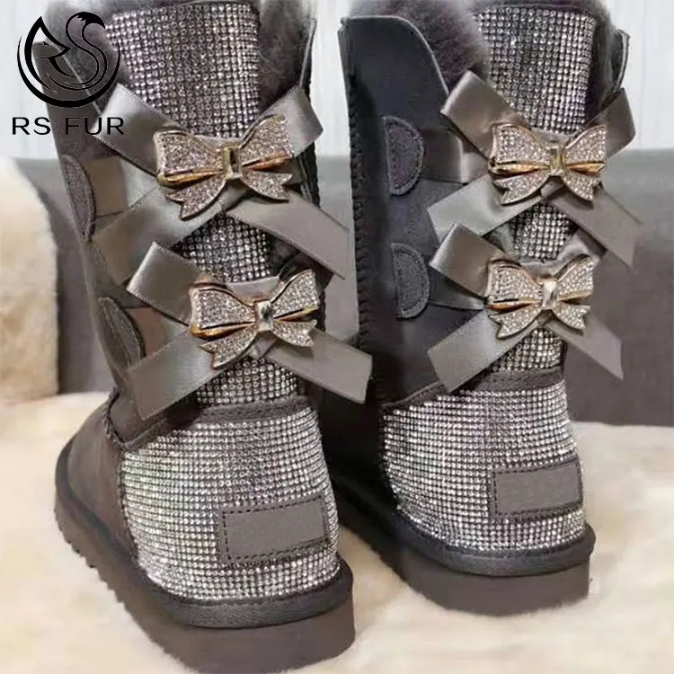 Зимние теплые женские сапоги из овечьей кожи на заказ, меховые сапоги со стразами, уличные Нескользящие сапоги для снега