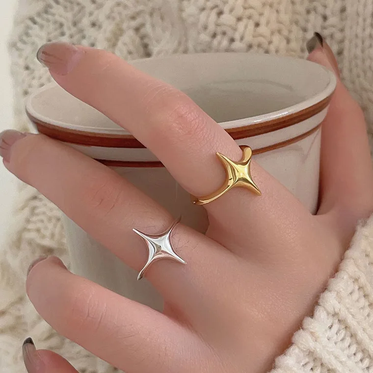 925 Sterling Silver Star Burst Plain Ring 18K Gold Plated Open Adjustable Rings for Women Korean INS Modern Simple Jewelry 2024