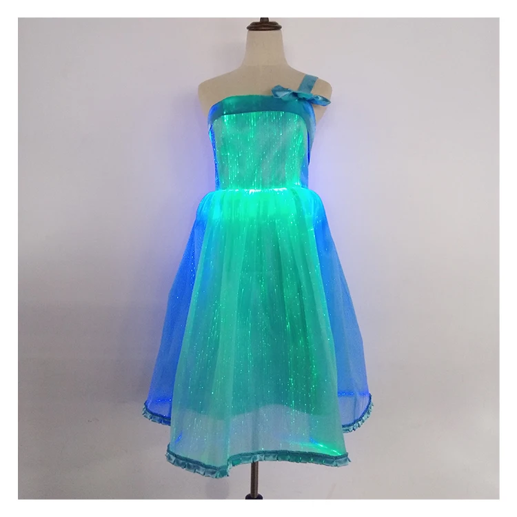 blue 3 color changeable chase led fashion luminous glitter fiber optic dress for performance and event party lighting