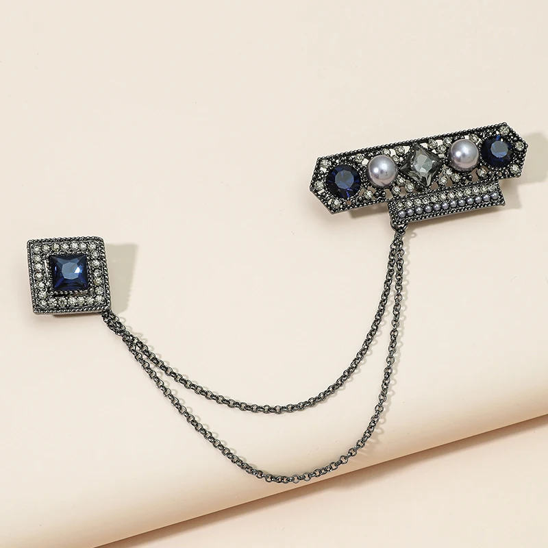 
New Arrival Fashion Accessories Geometric Rhombus Designers Brooches Rhinestone Cubic Zircon Chain Pearl Brooch Pin 