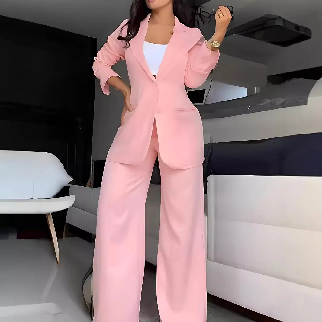 Women Solid Color Suit Set with Split Sleeve Detail Lapel Collar Straight Leg Trousers Design Jacket Wide Leg Pants Two Pieces