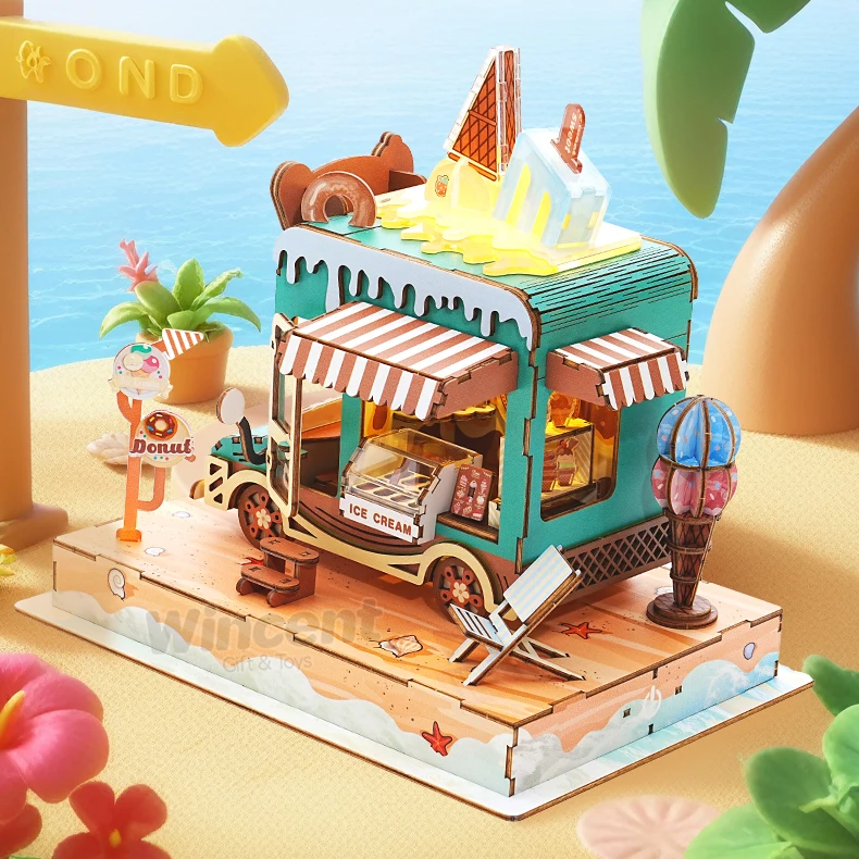 Wincent New Product Assemble Ice cream truck DIY Miniature Doll House wooden puzzle 3d toy miniature diy