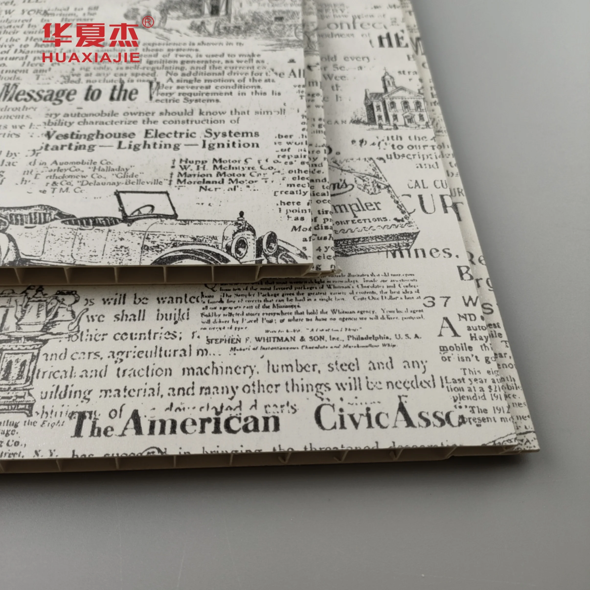 Wholesale laminated classic design pvc wall panel newspaper pattern surface ceiling panels store decoration