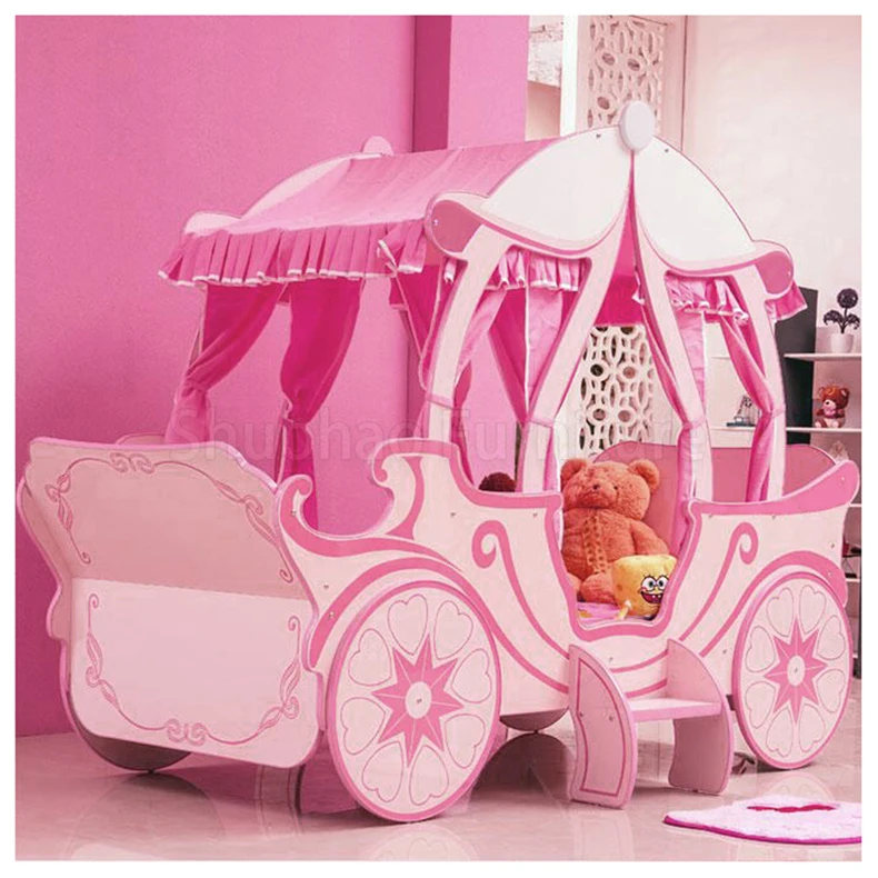 Factory Customize New Design Pink Princess Bed Solid Wood Kid Bedroom Furniture Set Kids Castle Bed