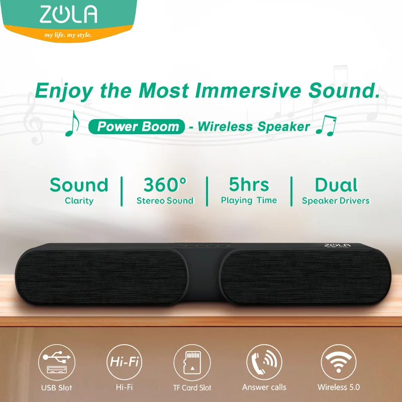 
ZOLA Power Boom High Quality 10W Sound Bar LED Logo Deep Bass Stereo Home-style Home Theatre System Wireless Speaker 