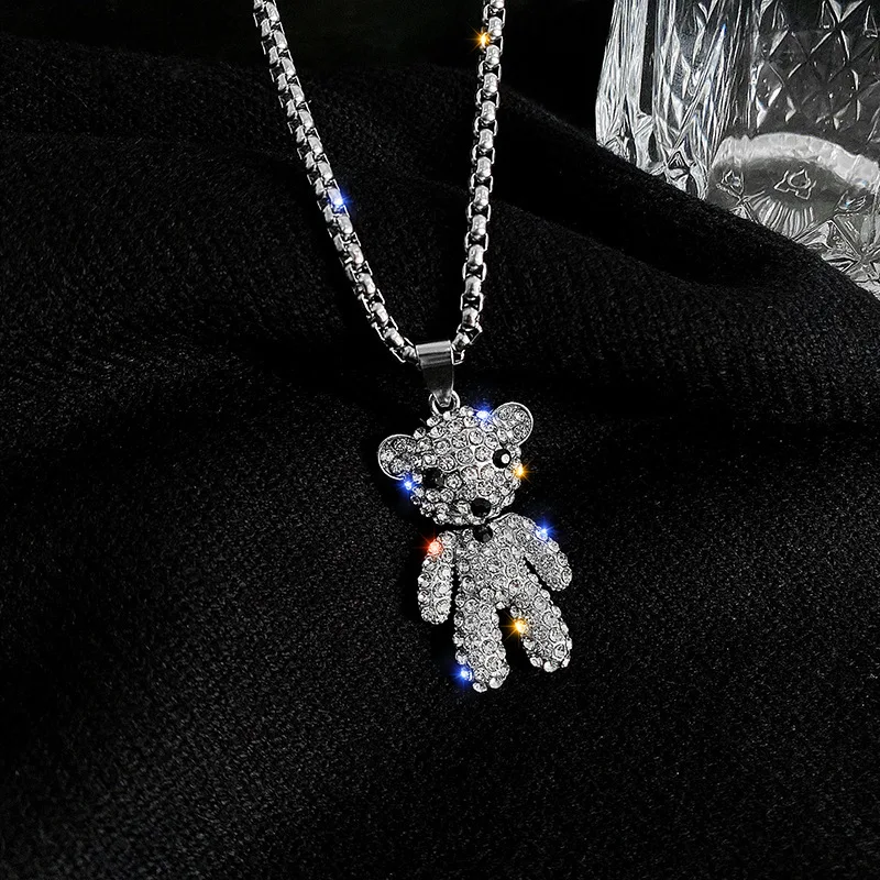 Jewelry Accessories Men Teddy Bear Pendant Robot Bear Necklace Lovely full diamond bear tide necklace ins occidental Hip Hop pen