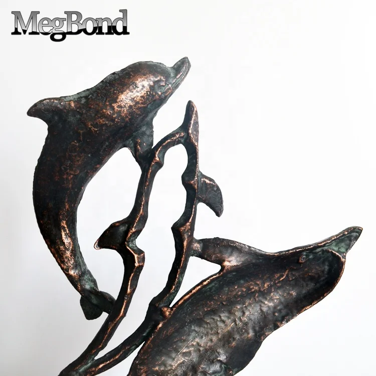 Metal dolphins desktop decor on marble base for home,  Abstract metal nautical fish sculpture