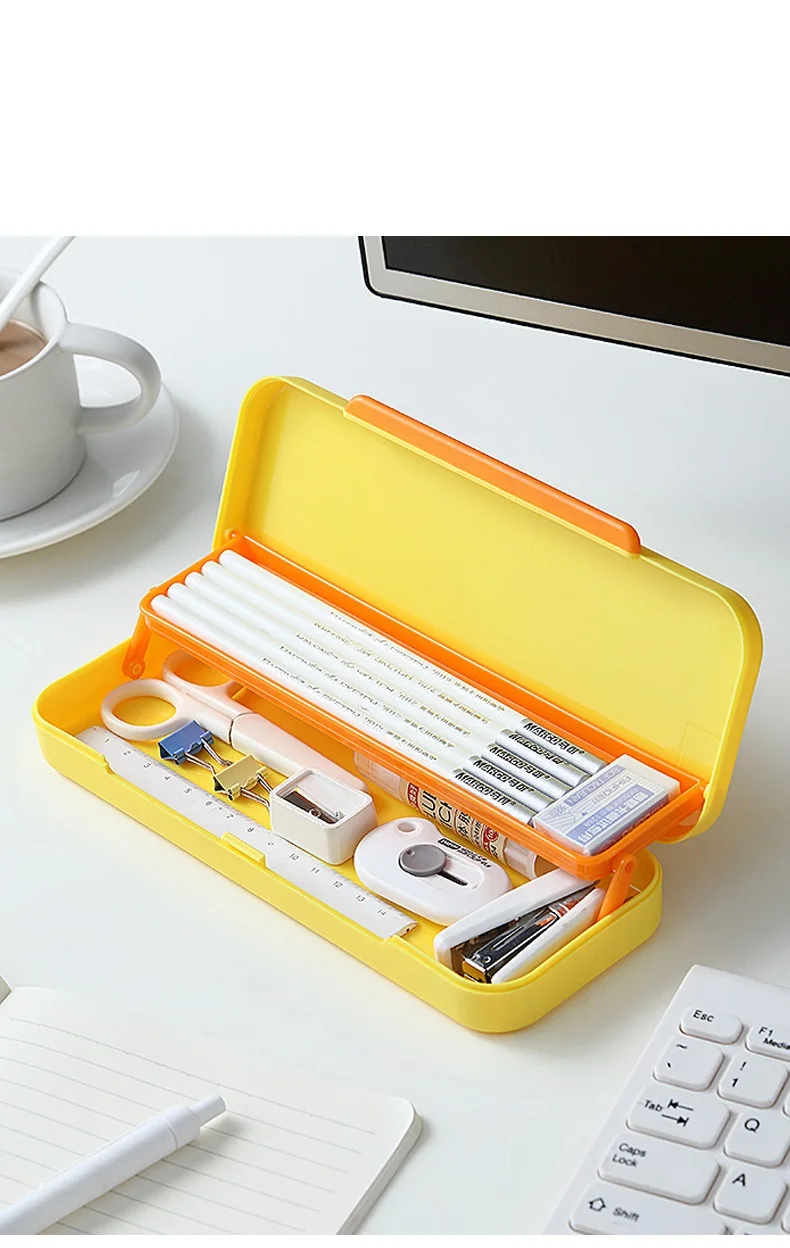 Factory manufacture multi-color student large capacity pencil box double-layer frosted plastic pencil bag