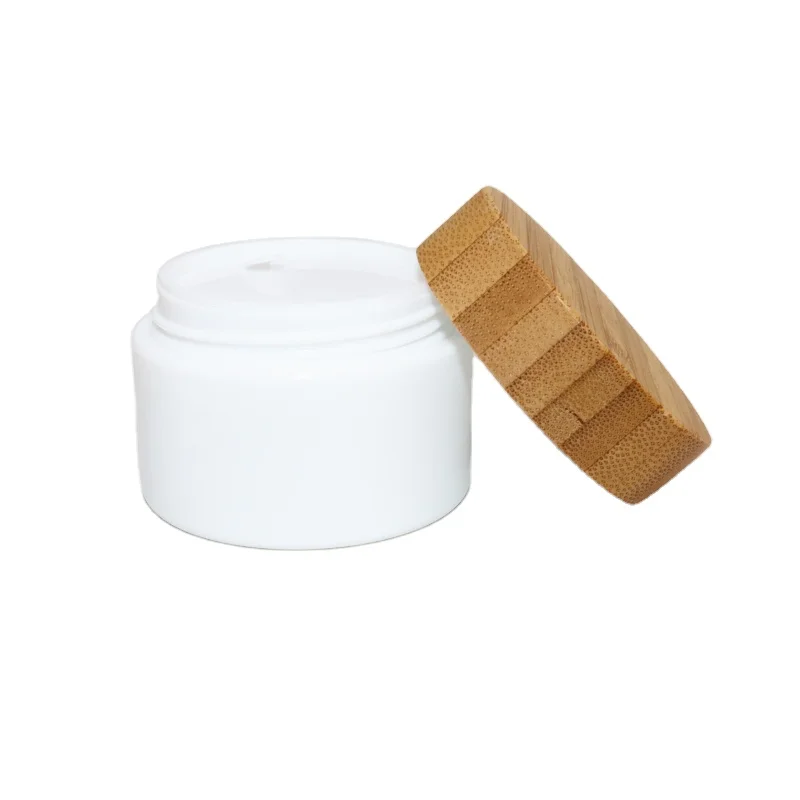 Beauty Body Butter Cosmetic container white plastic PP cosmetic cream jar with bamboo lid
