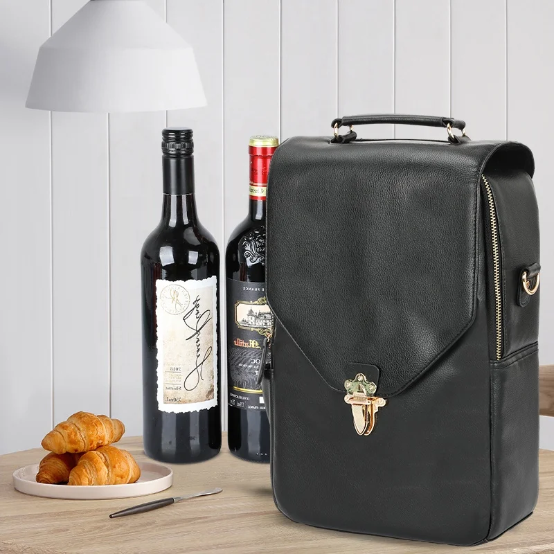 Picnic Parties Travel Beach Unique Zipper Closure Sleeve Dividers Wine PU Leather 2 Bottles Carrier Tote Cooler Insulated Bag