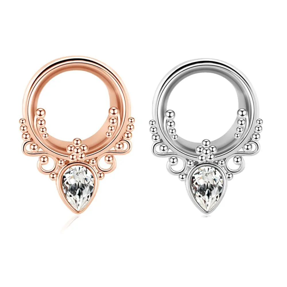 NUORO Stainless Steel Ear Expansion Horns Water Drops Zirconia Body Piercing Jewelry Tunnel Gauges Ear Expanders Plugs