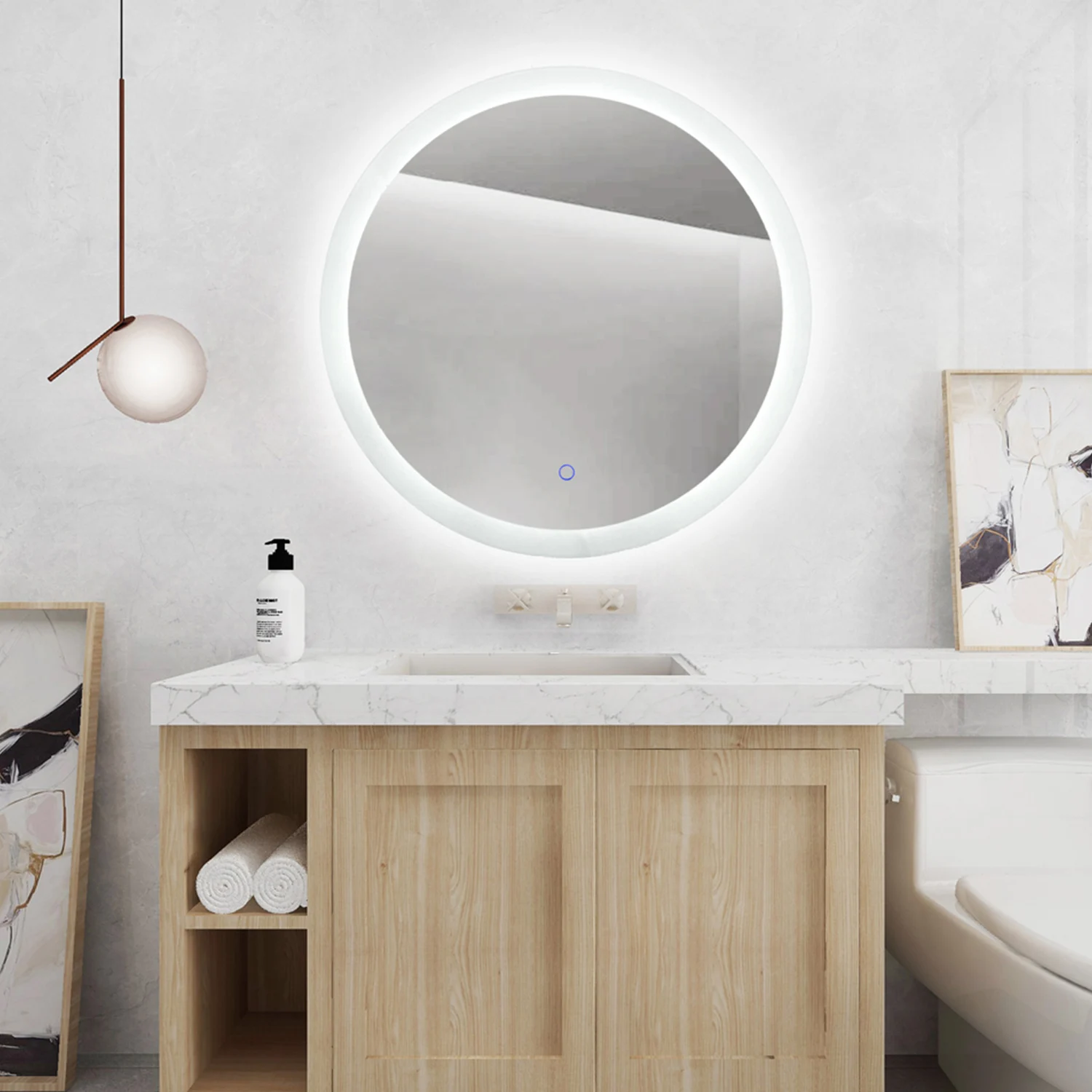 Home luxury frameless round backlit led lighted bathroom smart bath mirror