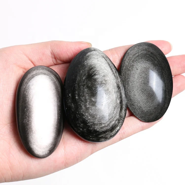 Wholesale crystal healing stones flashing silver obsidian crystal palm stone for souvenir