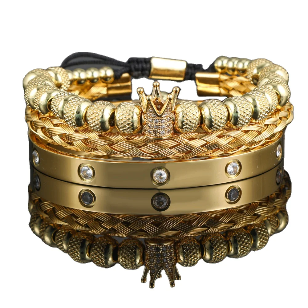 Luxury 3pcs/Set Gold Cz Crown Charm Titanium Bracelet Set With Cross Roman Numeral Stainless Steel Bracelet Set For Men