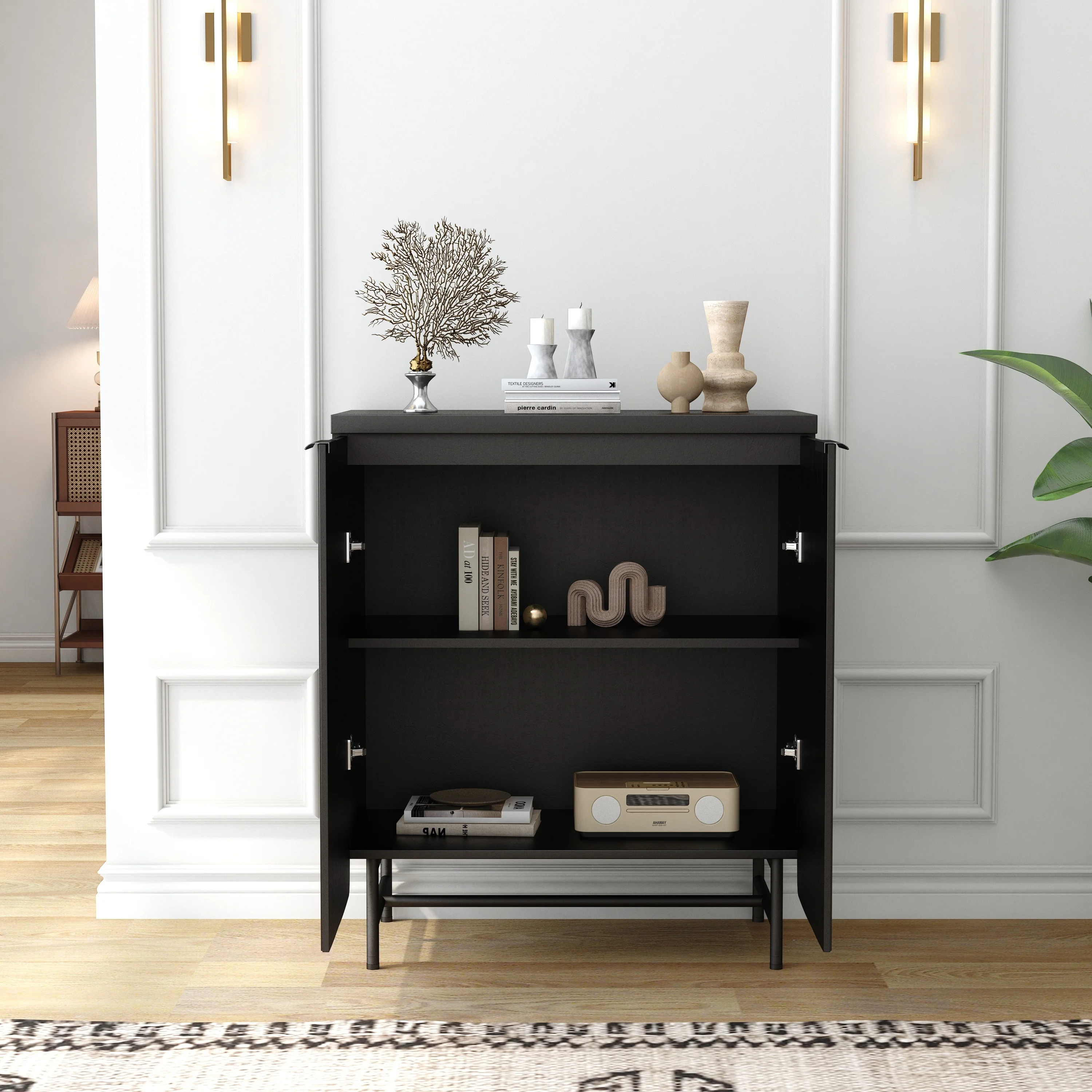 WESOME Wooden Home Cabinet for Living Room Furniture Wooden Door OEM Storage Black Design Antique Cabinet