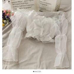Ruffled Off Shoulder Organza Short Blouses Trendy Spring Summer Sexy Solid Color Long Puff Sleeves Slim Cropped Tops T11415P
