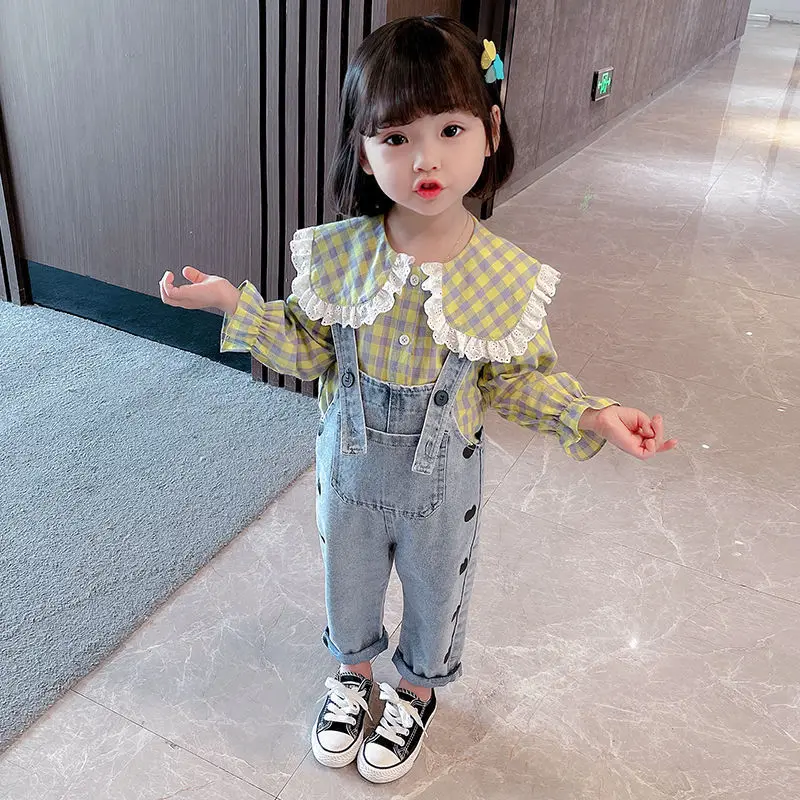 New Kids Girls Fall Spring Clothing Lovely Plaid Shirts Suspender Jeans Baby Sets Clothes Korean Style Wholesale