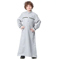 Autumn Muslim Kids Abaya For Boys Jubba Thobe Long Sleeves Arab Teenagers Islamic Clothing Children Dubai Stripes Robe Kaftan