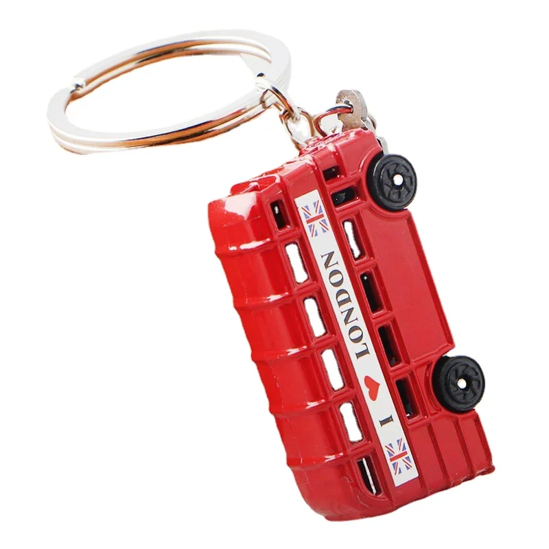 Wholesale metal 3D keychain creative double-decker bus car key ring three-dimensional postbox telephone booth keychain