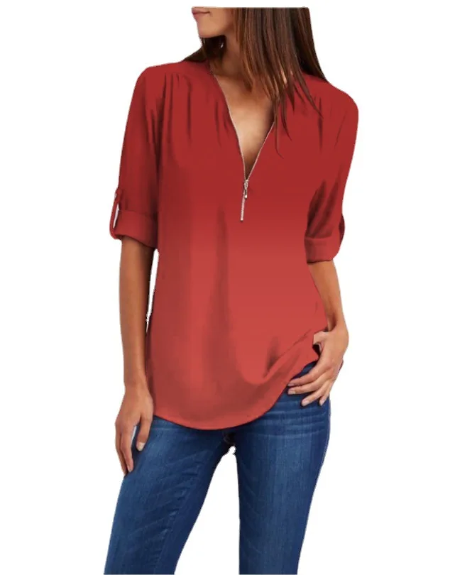 Women fashion Ladies top sexy zipper chiffon blouse casual summer long sleeve shirts for women blouses