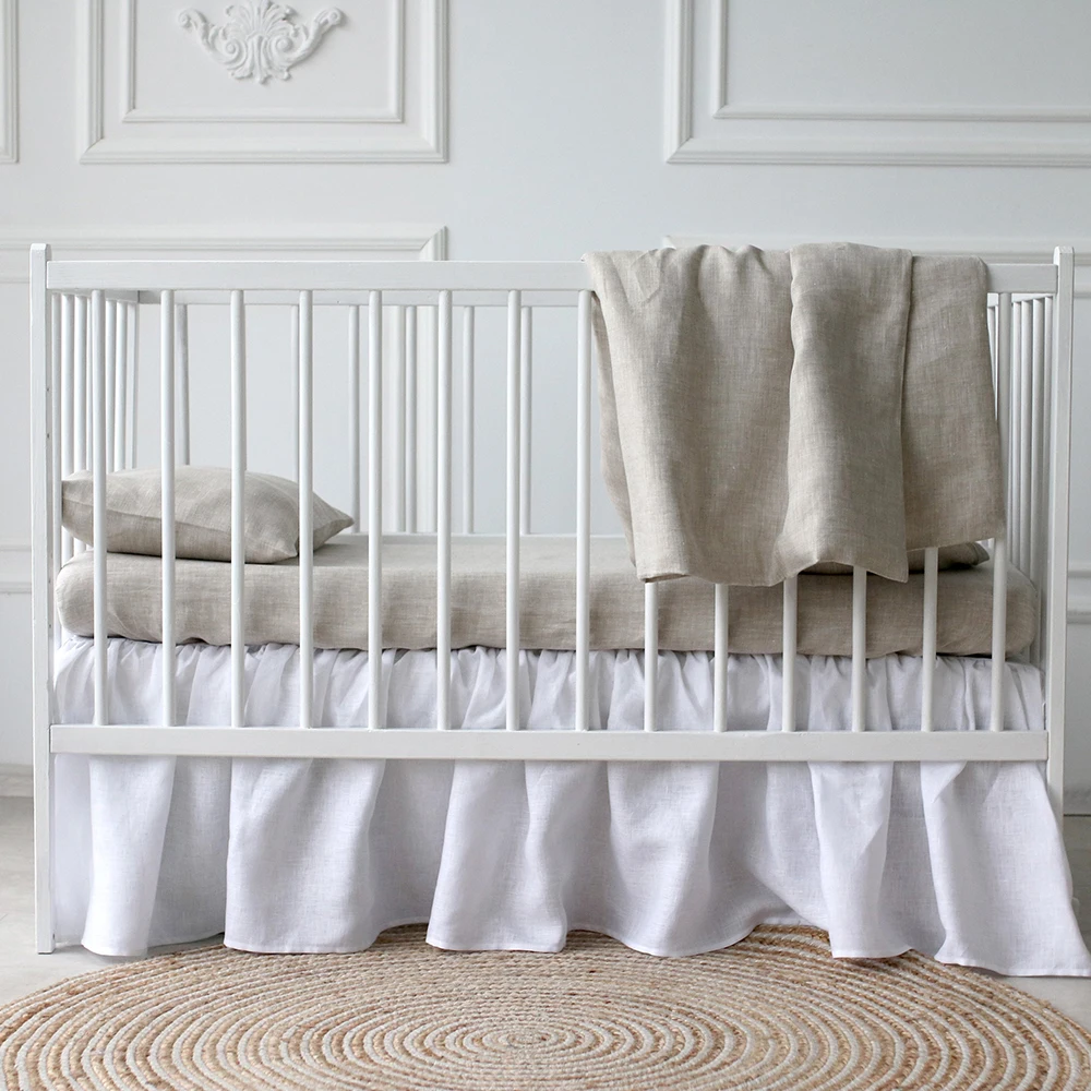Pure Linen Baby Crib Sheet set Linen Bedding Set Fitted Sheet Duvet Cover linen cot sheet set custom Label size wholesale