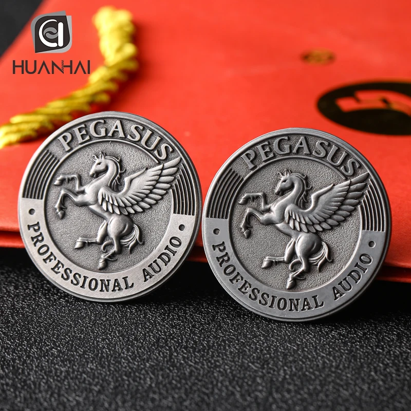 custom antique silver embossed 3D logo horse pin brooch