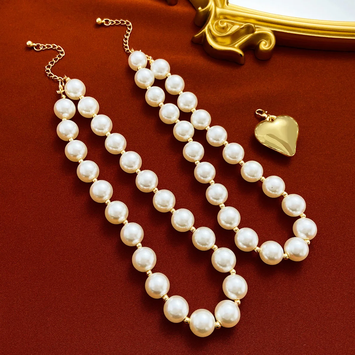 Gold Plated Double Layered Chunky Pearl Statement Necklace Jewelry Round Bead Big Heart Pendant Choker Necklace Sets Women