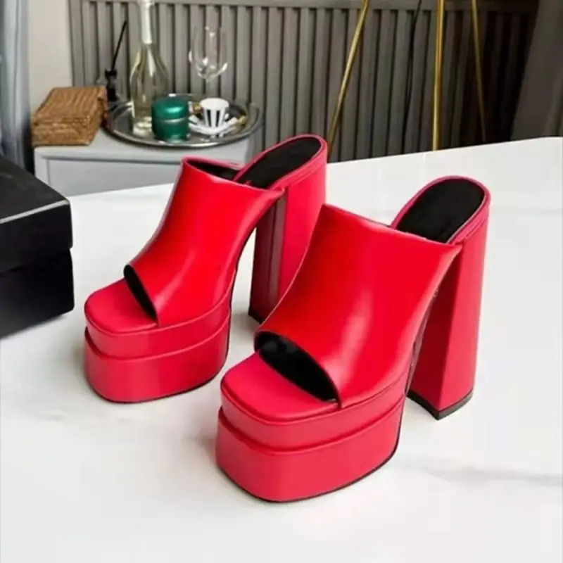 Dropshipping High Heel Platform Chunky Wedge Heeled Sandals for Ladies Plus Size Red Square Chunky Slipper Shoes