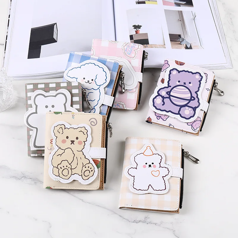 2022 new design women plaid cute bear Pu leather students short wallet with zip girls Coin Purse card wallet