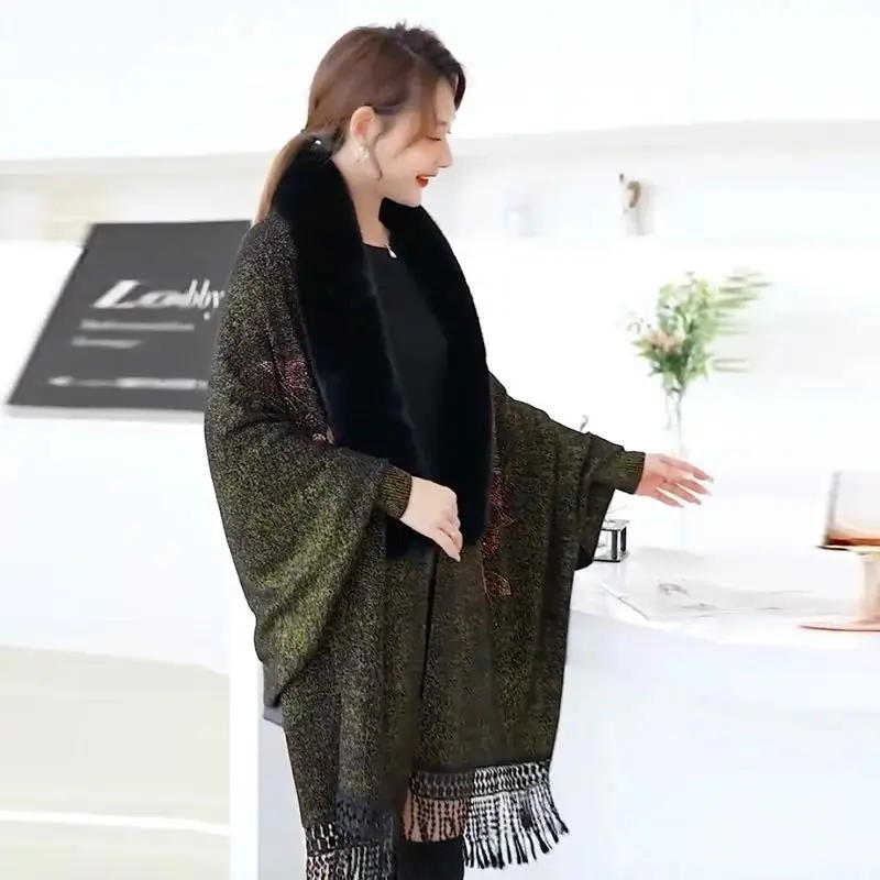 Japanese Korea Women Oversize Embroidered Fur Cloak Winter Knitted Poncho Capes Female Batwing Sleeves Tassel Long Wrap Coat